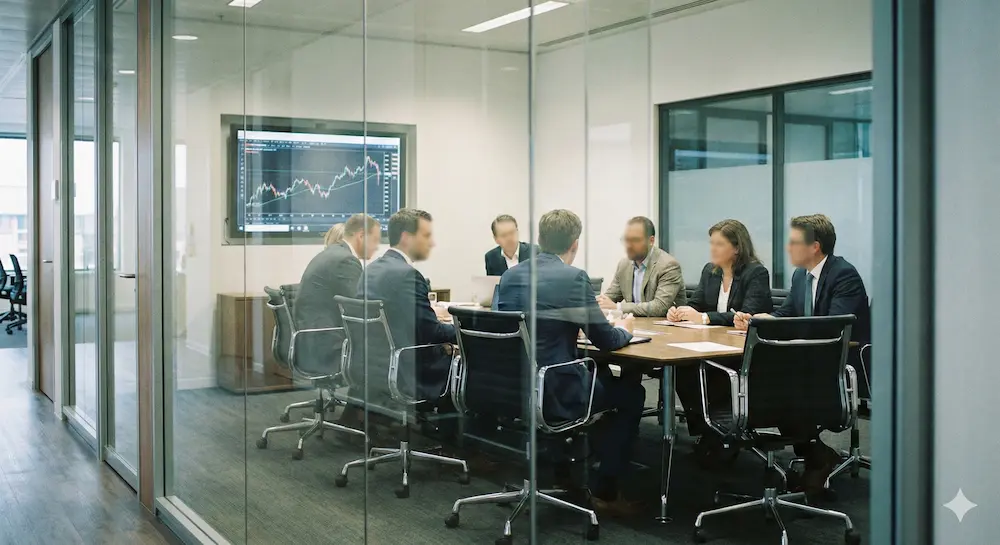 Vue extérieure d'une salle de réunion d'entreprise moderne à travers une paroi vitrée. Des collaborateurs discutent autour d'écrans de données. Illustration du concept de l'Hypothèse du Bavardage (Babble Hypothesis) et de la saturation verbale en milieu professionnel, point de départ de l'analyse Cerveau & Ciseaux