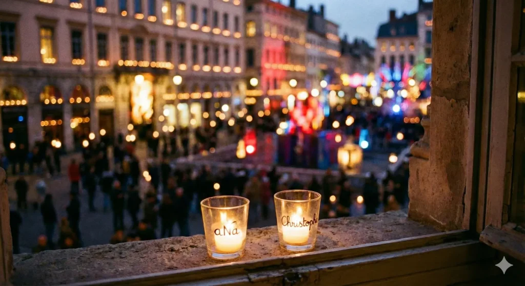 Deux lumignons du 8 décembre posés sur un rebord de fenêtre à Lyon avec les prénoms aNa et Christophe inscrits dessus, symbolisant la rencontre des fondateurs de My Art Box et la naissance de leur parité professionnelle en 1995.